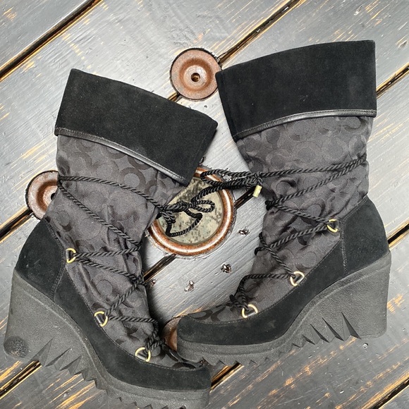 Coach black monogram jacquard Maisy rope tie lace up wedge winter boots Size 8 - Picture 13 of 16